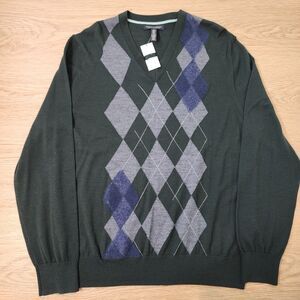 Banana Republic Argyle Sweater Mens Large Forest Green 100% Merino Wool NEW